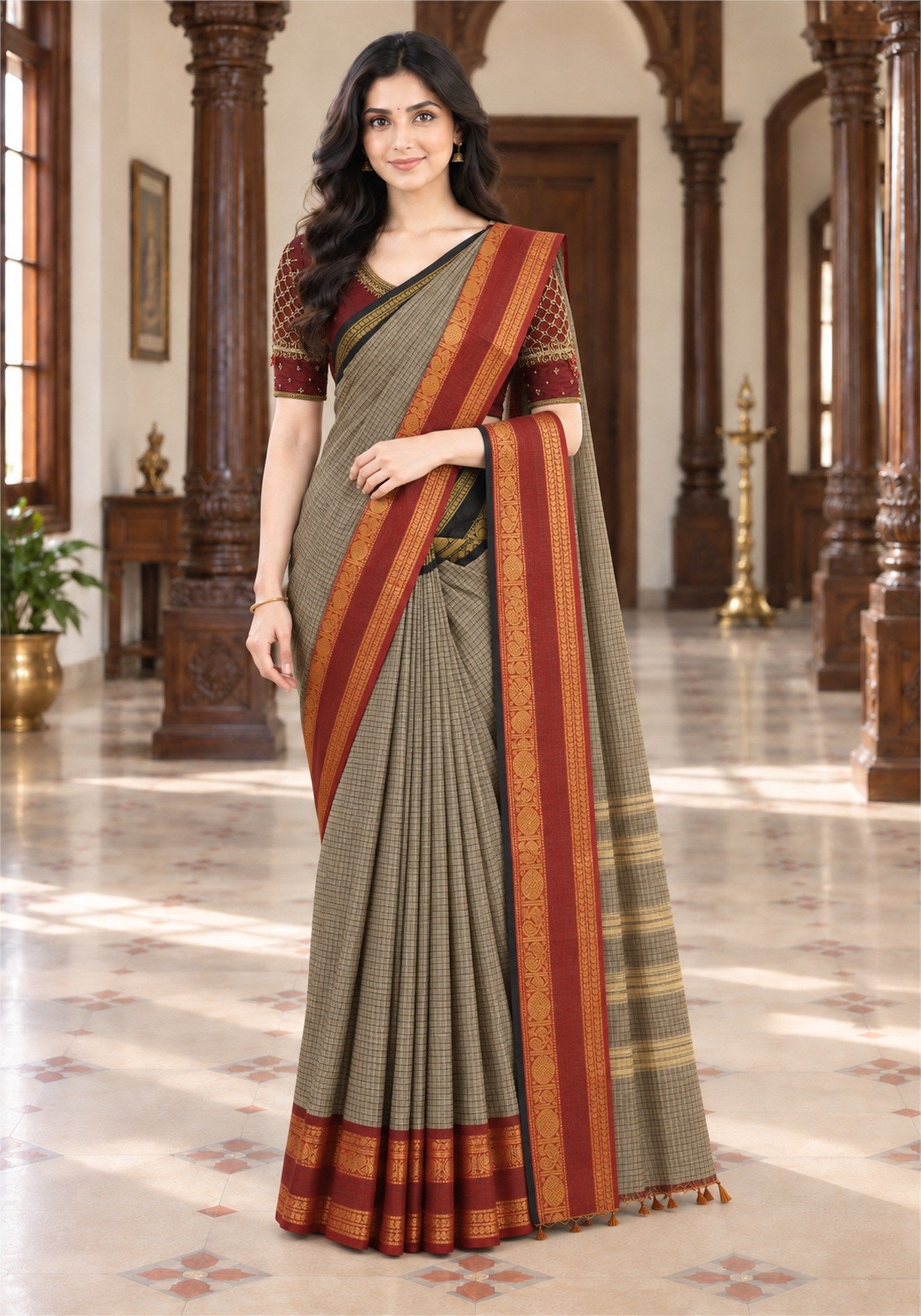 Chettinad Cotton Saree Beige Black Checks Maroon Red Zari Border - PCS-1-9031 - view 1